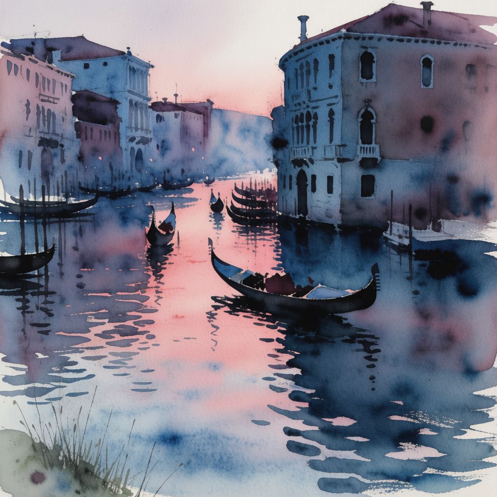 An impressionist watercolor painting of a Venetian canal at twilight with loose washes and ink outlines