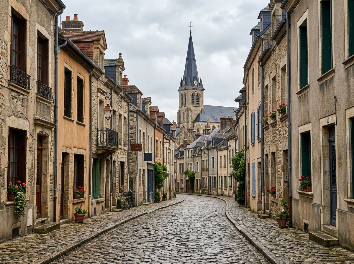 A photograph of a quiet European cobblestone street with townhouses and a distant church spire
