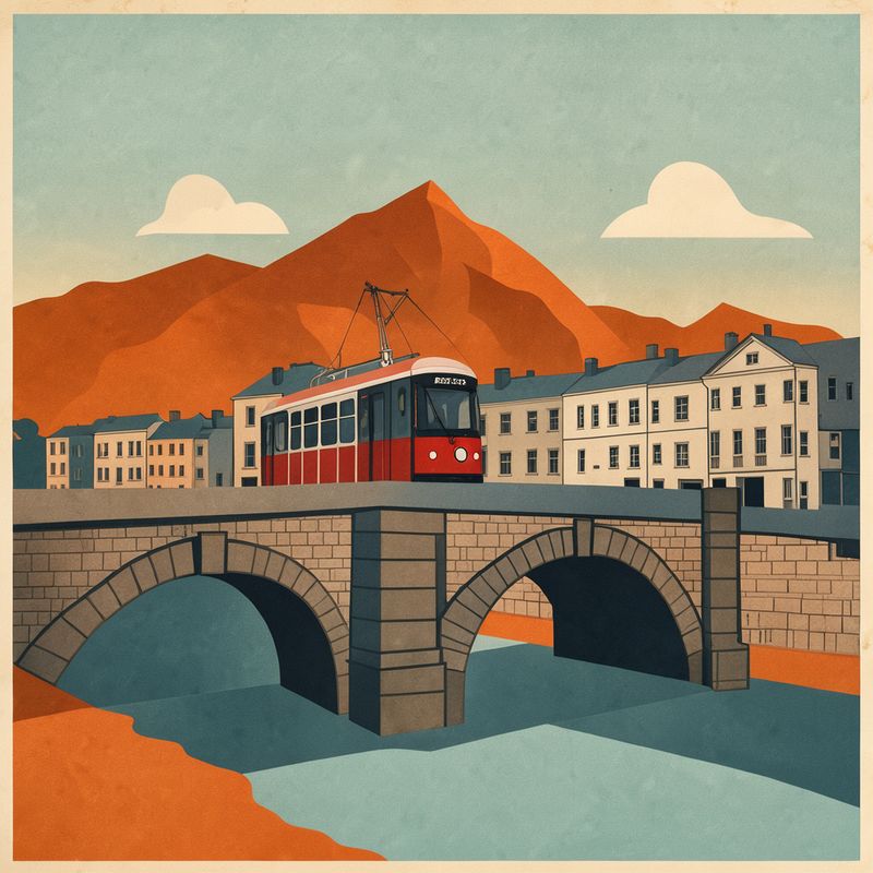 A flat vector illustration of a red tram crossing a stone bridge in front of townhouses and orange mountains, in teal, orange, cream and navy with paper grain