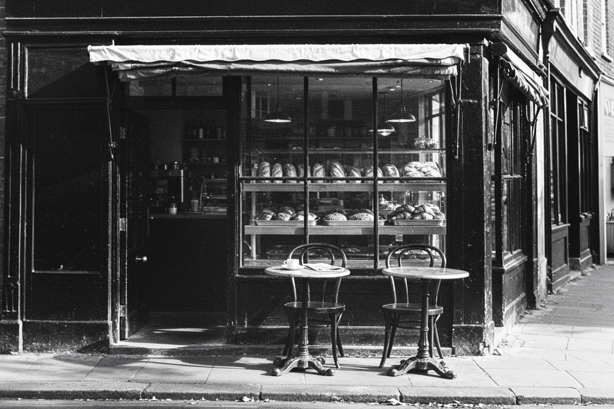 The bakery storefront in high-contrast black and white with heavy grain and a vignette