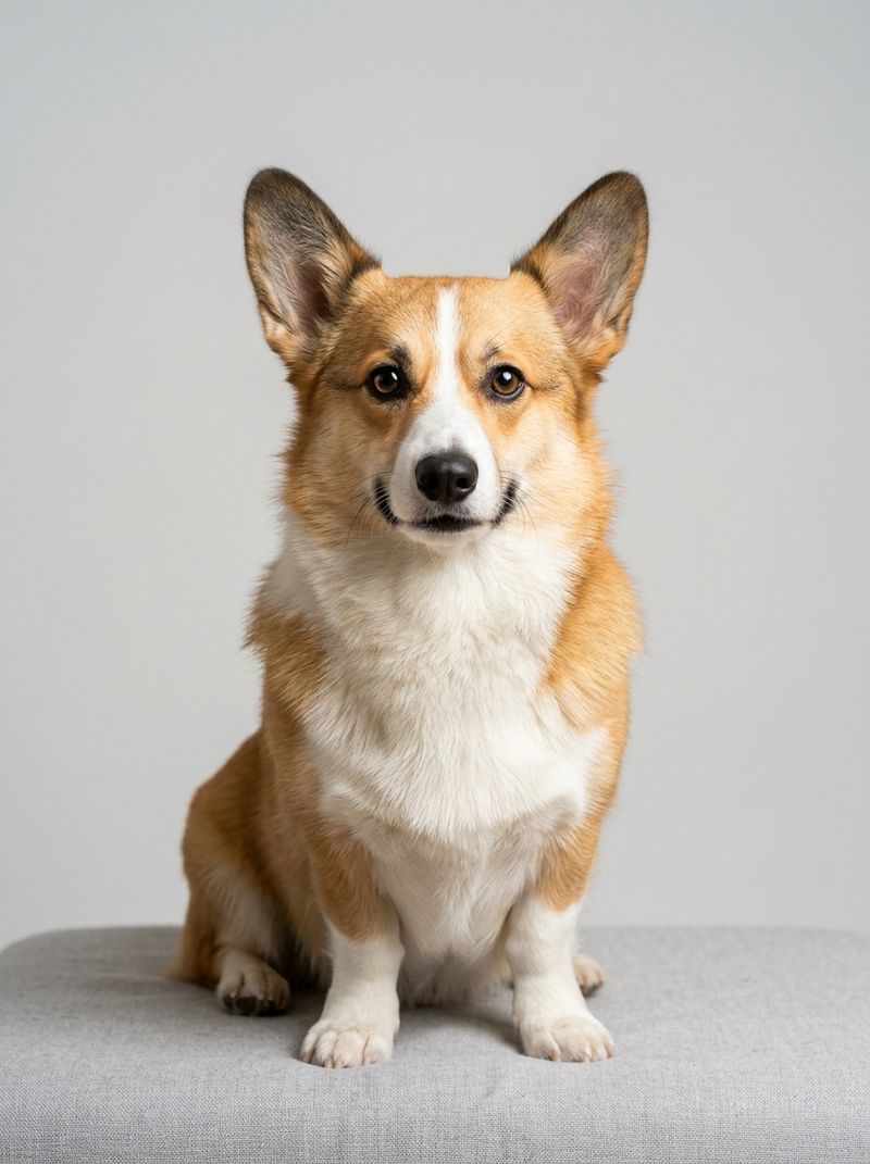 A tan and white corgi sitting and facing the camera on a plain background