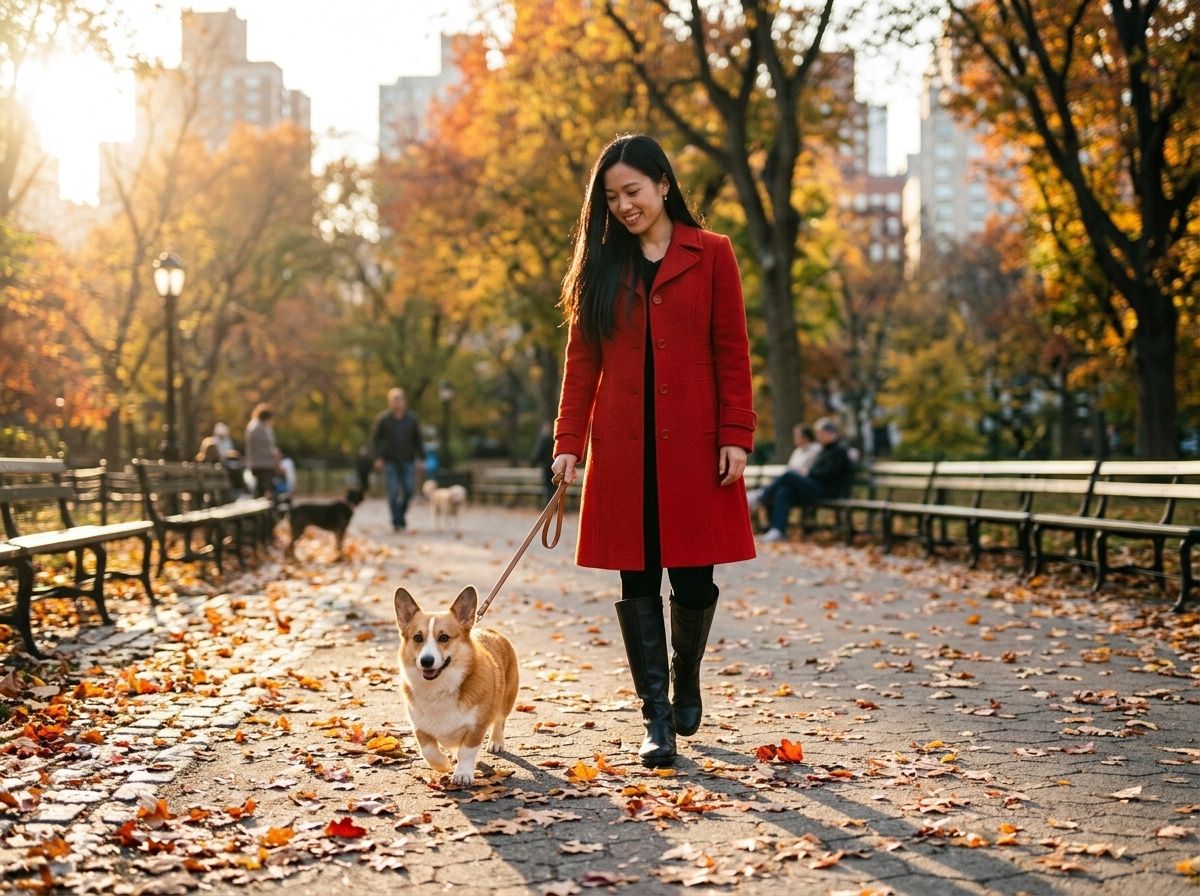 The woman in the red coat walking the corgi on a leash through an autumn city park