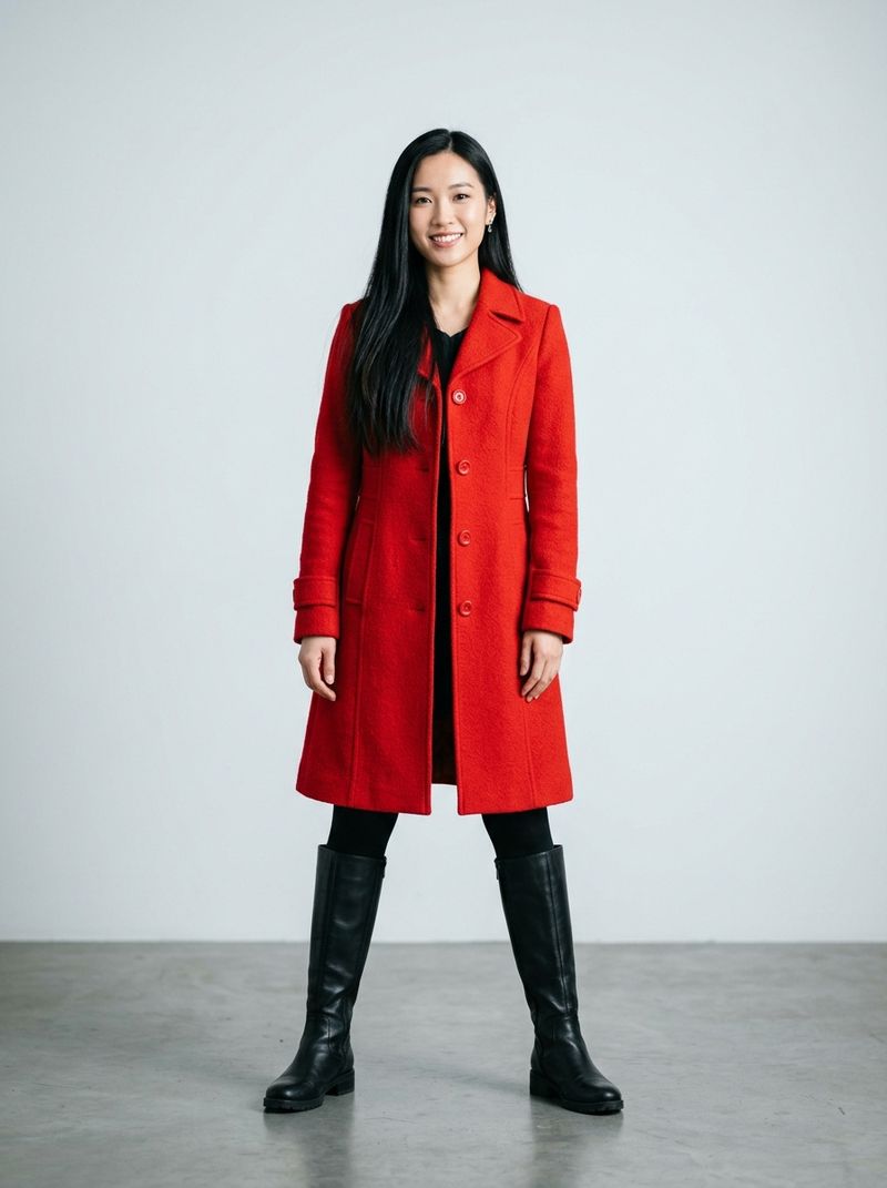 A woman with long black hair in a bright red wool coat on a plain background