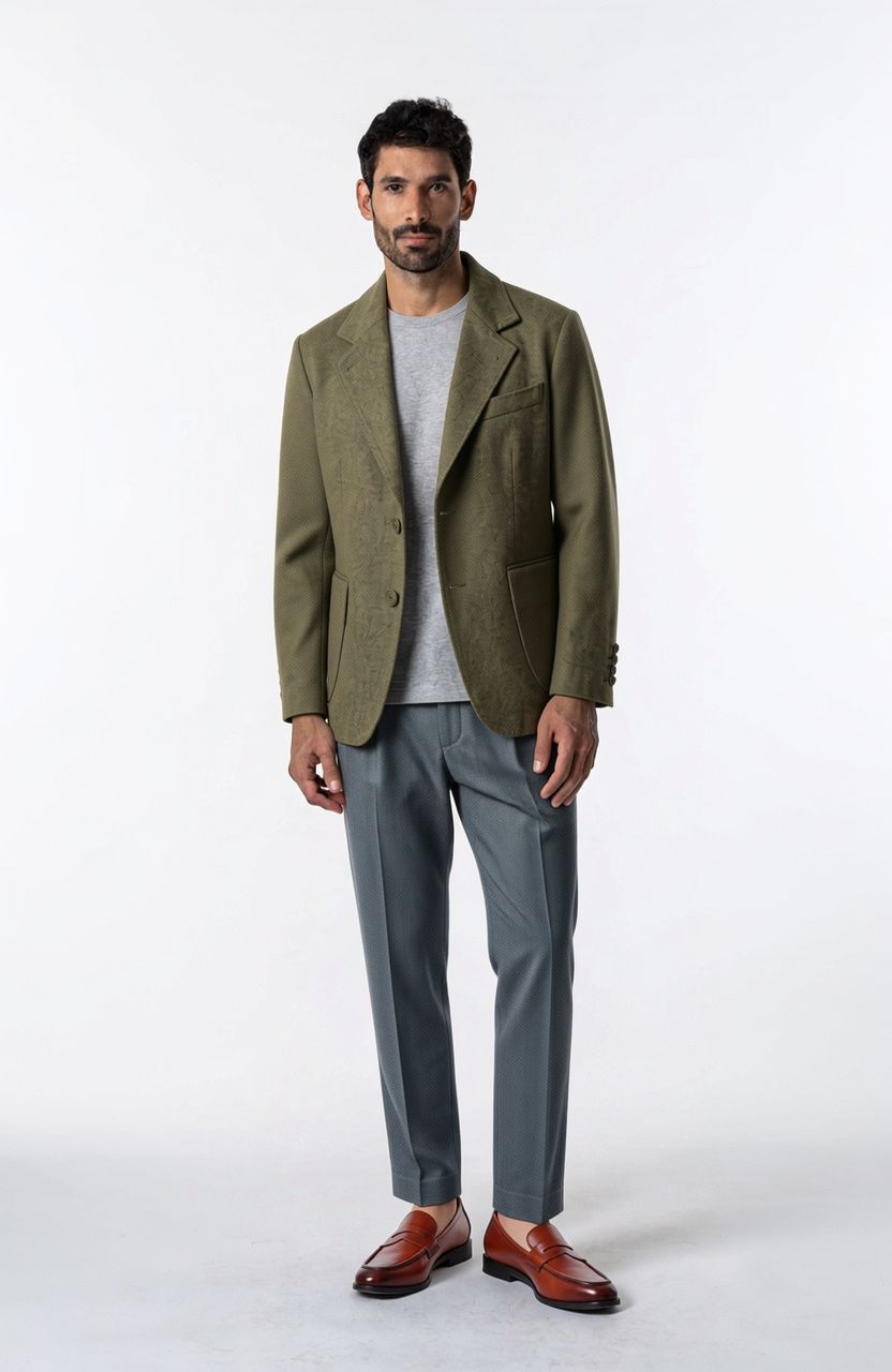 The same man wearing an olive-green blazer with the same trousers and loafers
