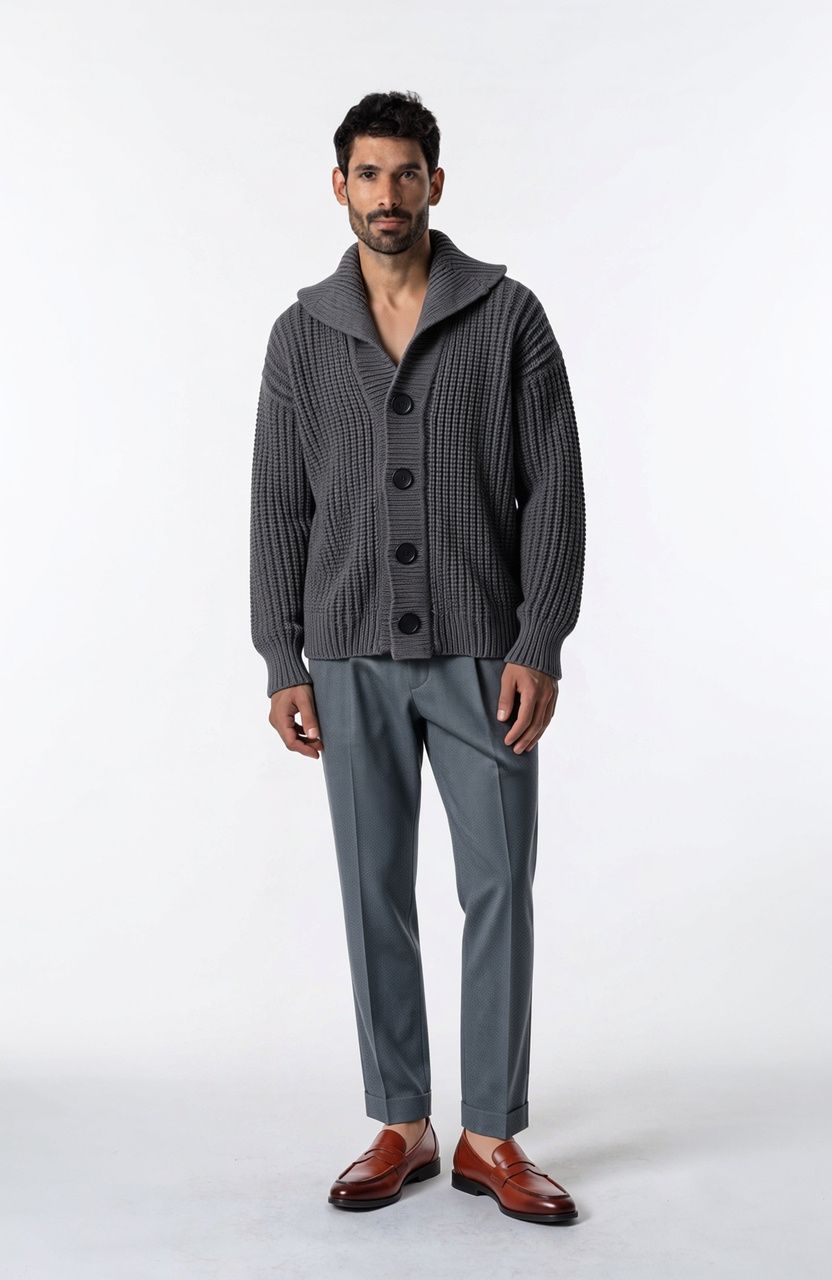 The same man wearing a charcoal chunky cardigan with the same trousers and loafers