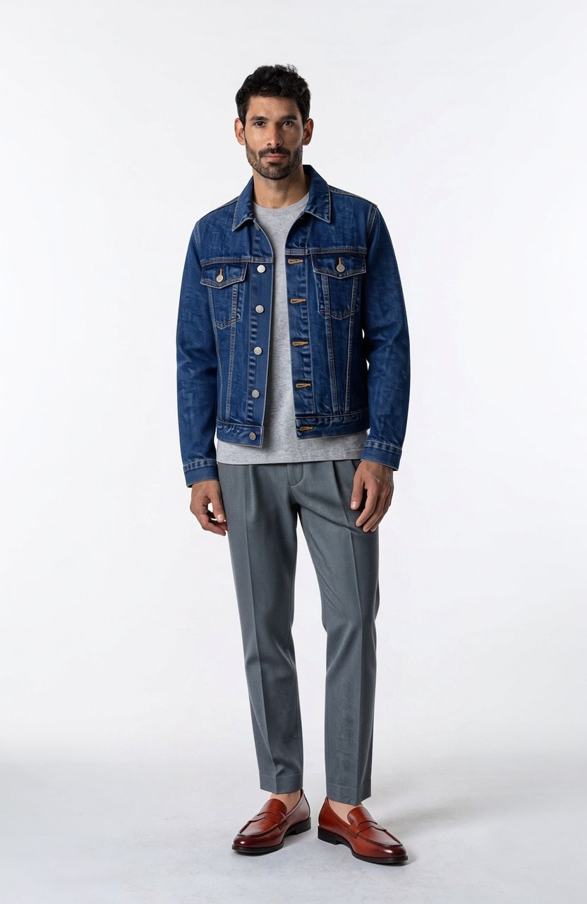 The same man wearing a blue denim trucker jacket with the same trousers and loafers