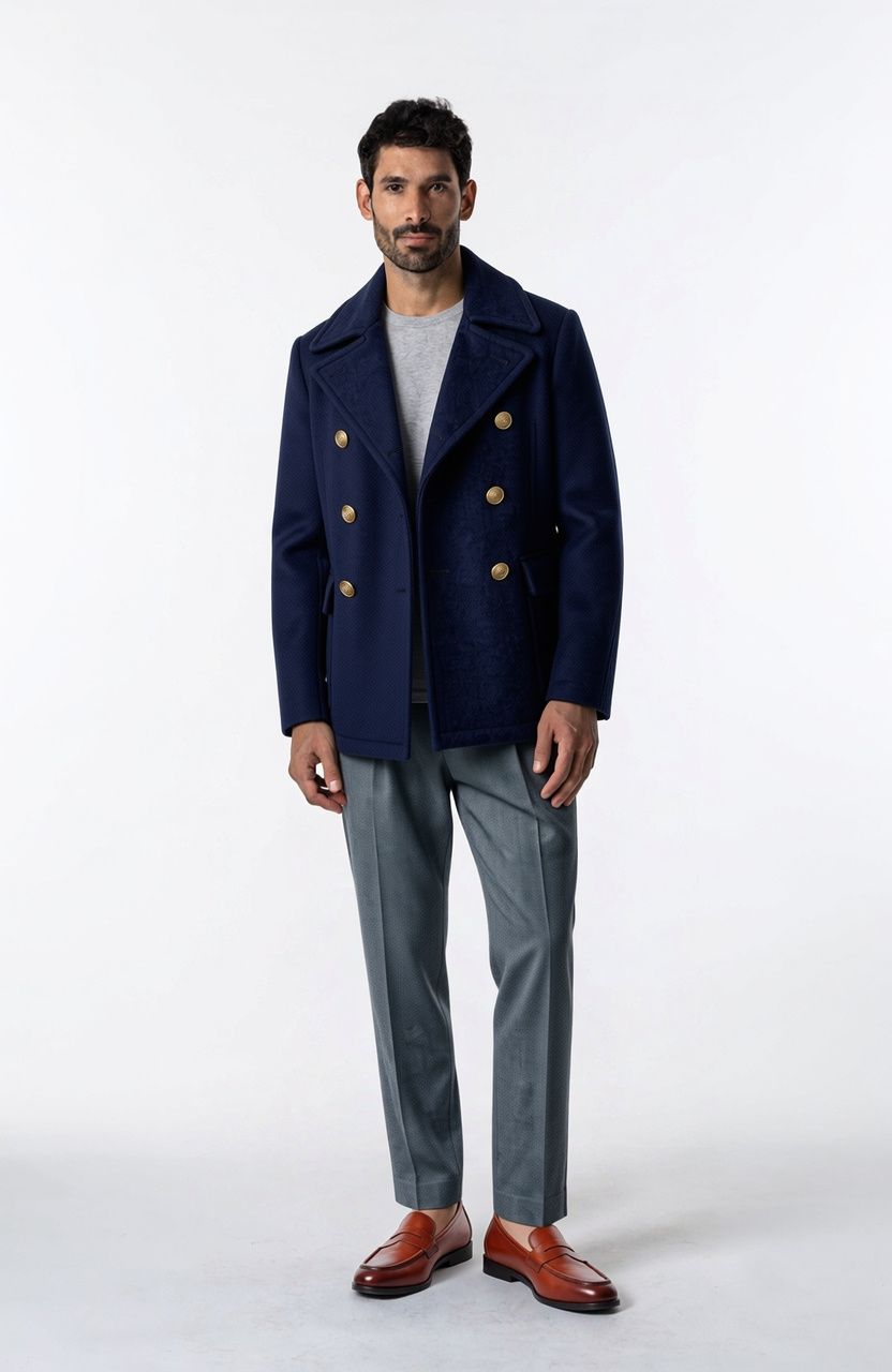 The same man wearing a navy double-breasted peacoat with the same trousers and loafers