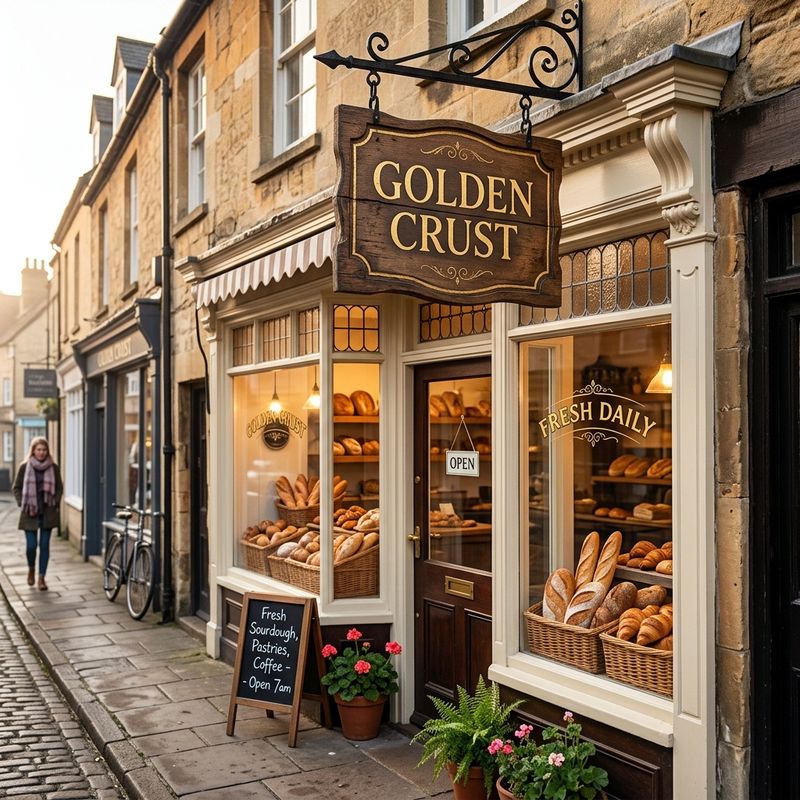 A bakery storefront with a wooden hanging sign reading GOLDEN CRUST and a window decal reading FRESH DAILY