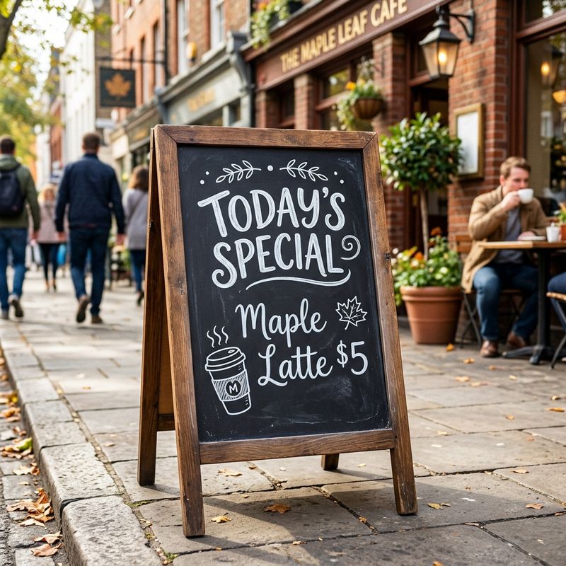 A sidewalk chalkboard reading TODAY'S SPECIAL and Maple Latte $5 with chalk coffee-cup doodles