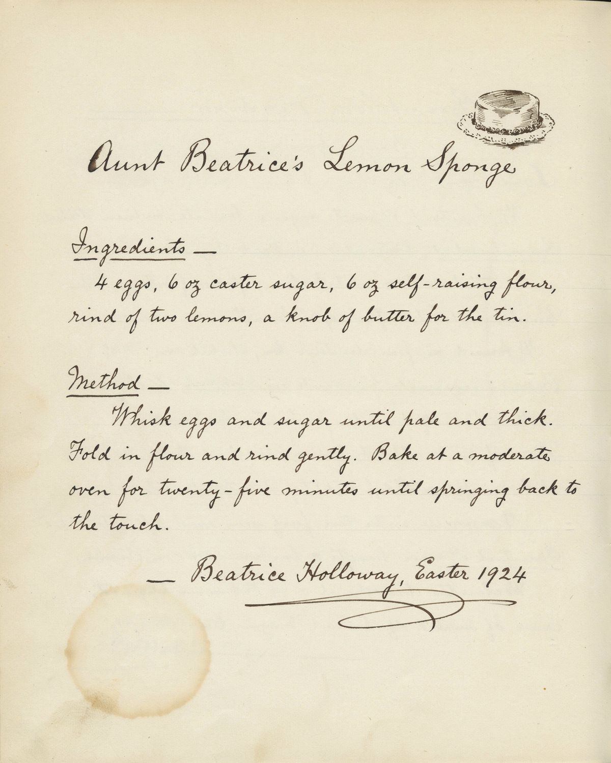 An open page from a vintage cookbook with a handwritten dip-pen cursive recipe reading 'Aunt Beatrice's Lemon Sponge', followed by an Ingredients section, a Method section, and the signature 'Beatrice Holloway, Easter 1924', with a small ink sketch of a frosted sponge cake in the upper-right corner
