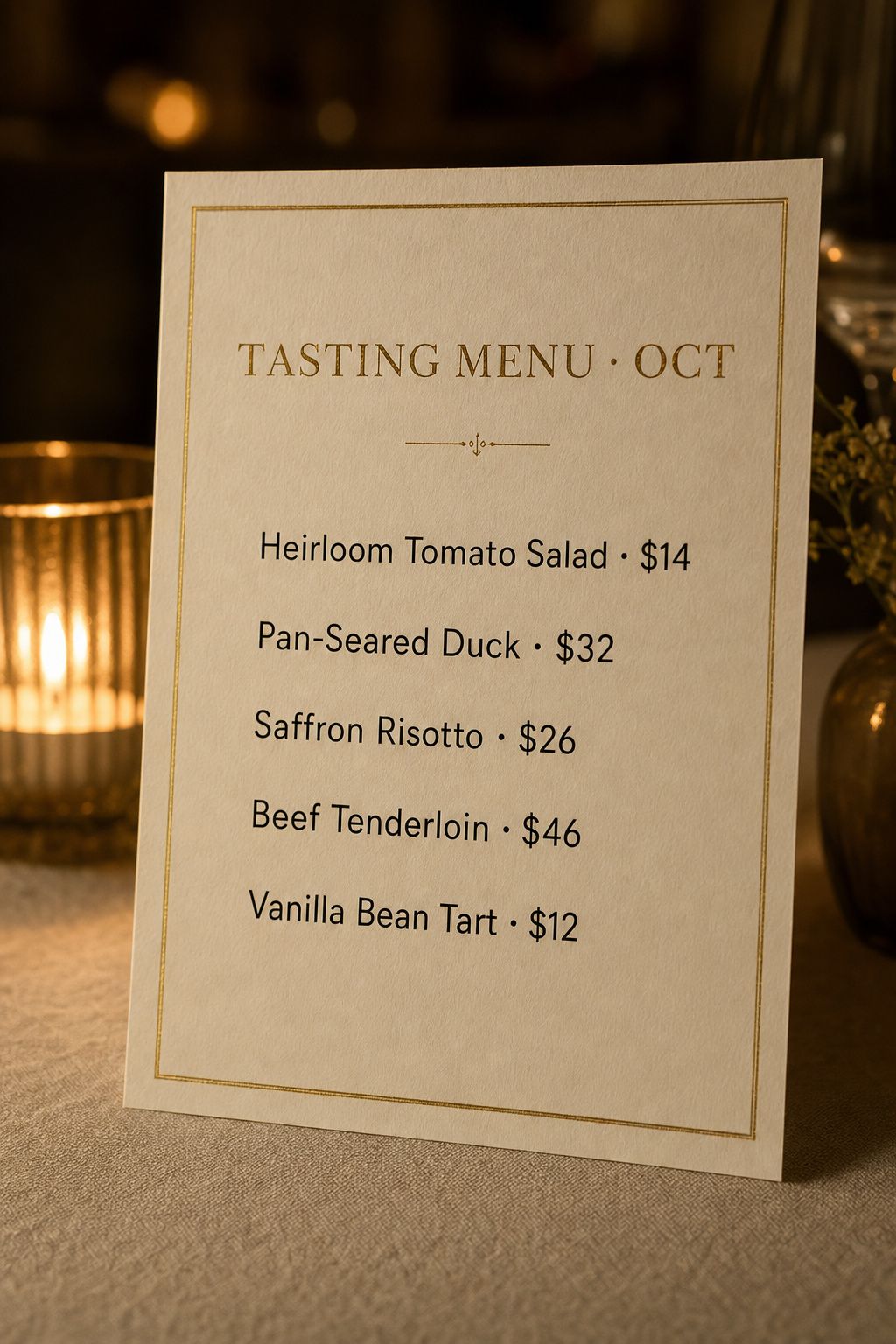 A restaurant menu card titled TASTING MENU OCT with a single-column list of five dishes and prices in clean typography on a linen tablecloth