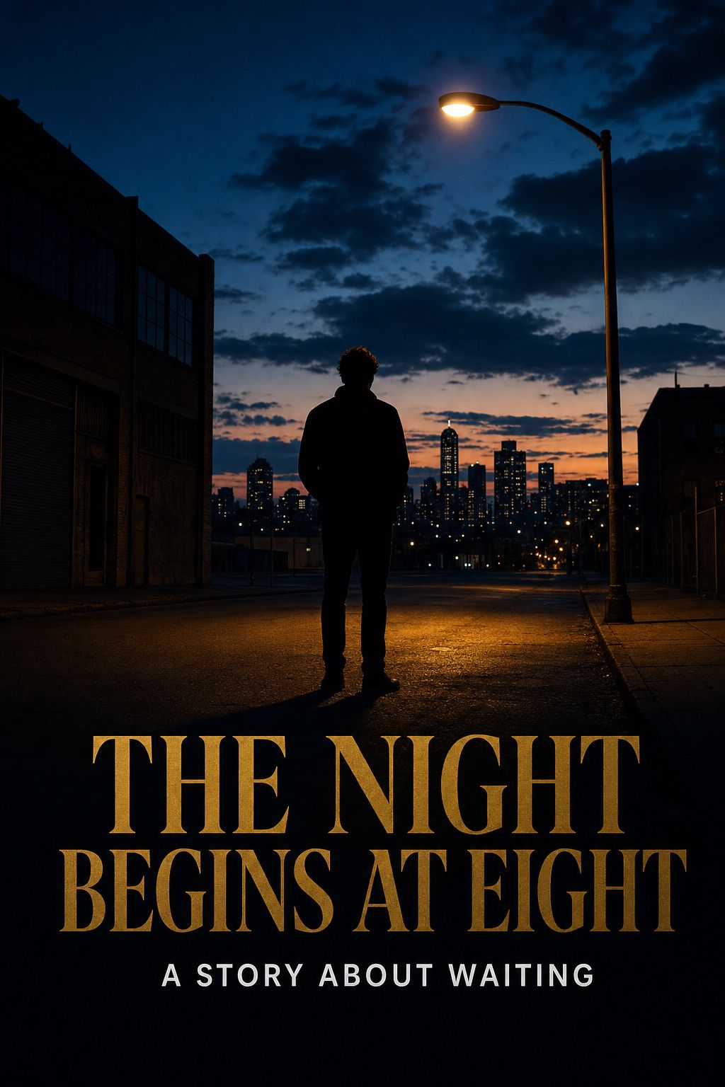 A film poster with bold gold serif text reading THE NIGHT BEGINS AT EIGHT and a smaller white tagline A STORY ABOUT WAITING, over a silhouetted figure under a streetlamp