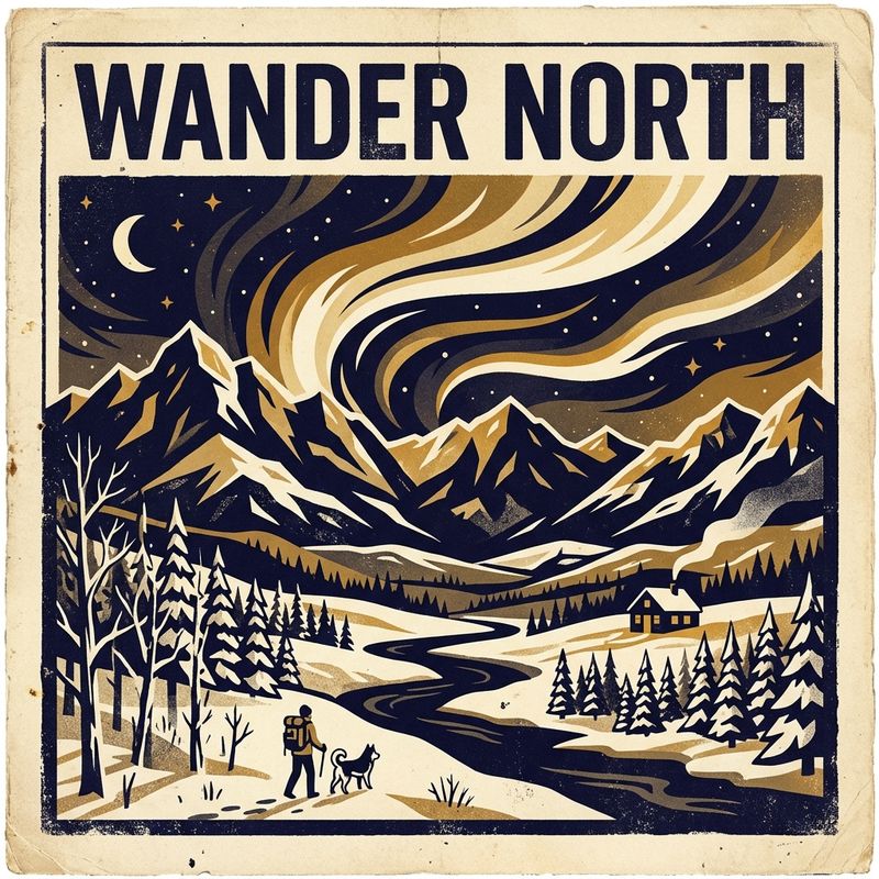 A vintage travel poster reading WANDER NORTH over a stylized mountain range and aurora in indigo and gold