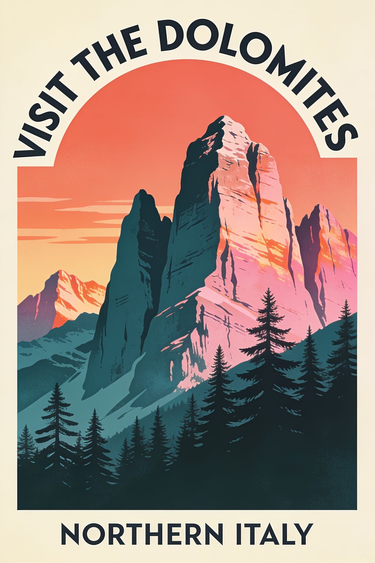 A travel poster with the title VISIT THE DOLOMITES over illustrated pink mountain peaks and the line NORTHERN ITALY