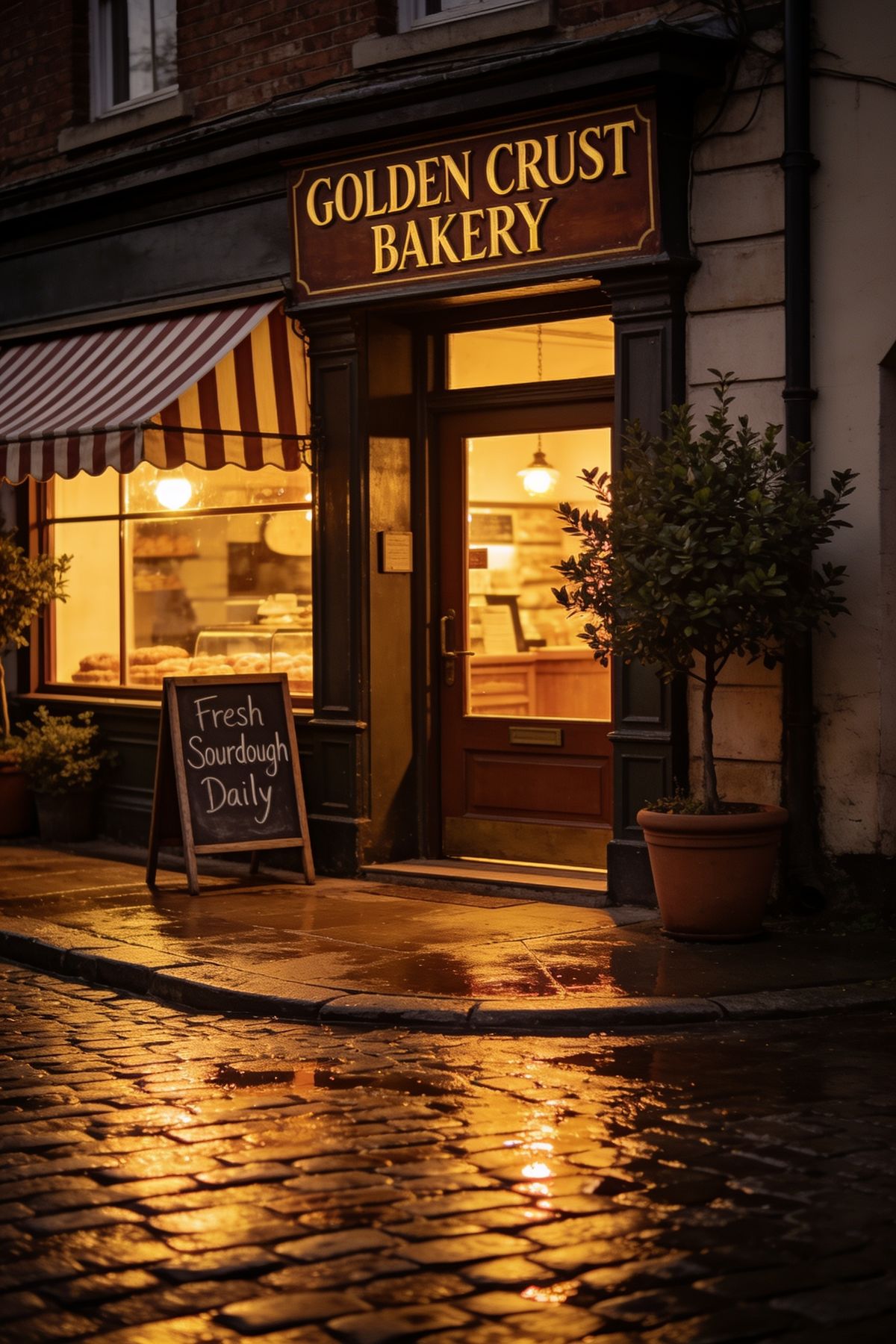 A corner bakery storefront at dusk with a sign reading GOLDEN CRUST BAKERY and a window board reading Fresh Sourdough Daily