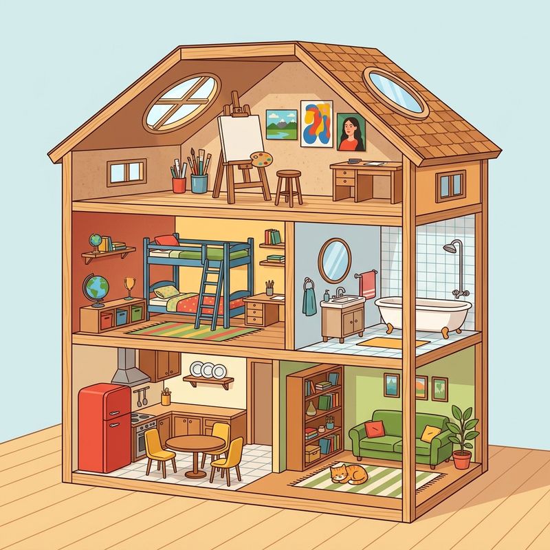 An isometric cutaway of a three-floor dollhouse with furnished rooms