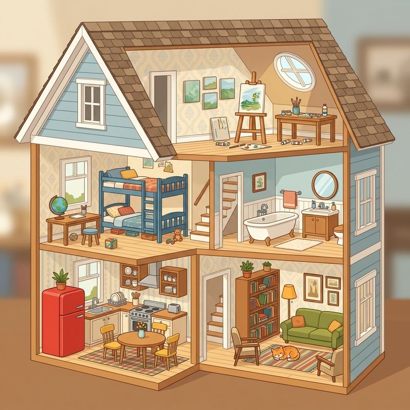 An isometric cutaway of a three-floor dollhouse with furnished rooms