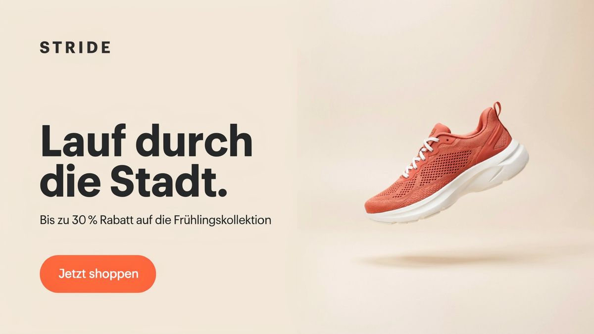 The same banner with the headline, the offer line and the button label in German, and the STRIDE wordmark unchanged