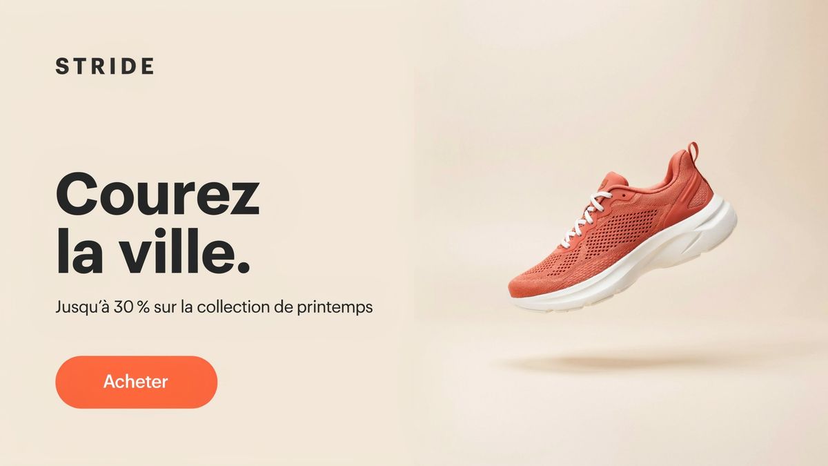 The same banner with the headline, the offer line and the button label in French, and the STRIDE wordmark unchanged