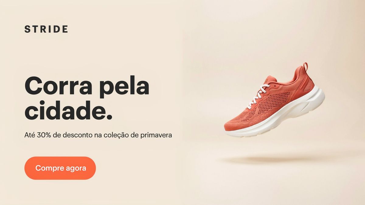 The same banner with the headline, the offer line and the button label in Brazilian Portuguese, and the STRIDE wordmark unchanged