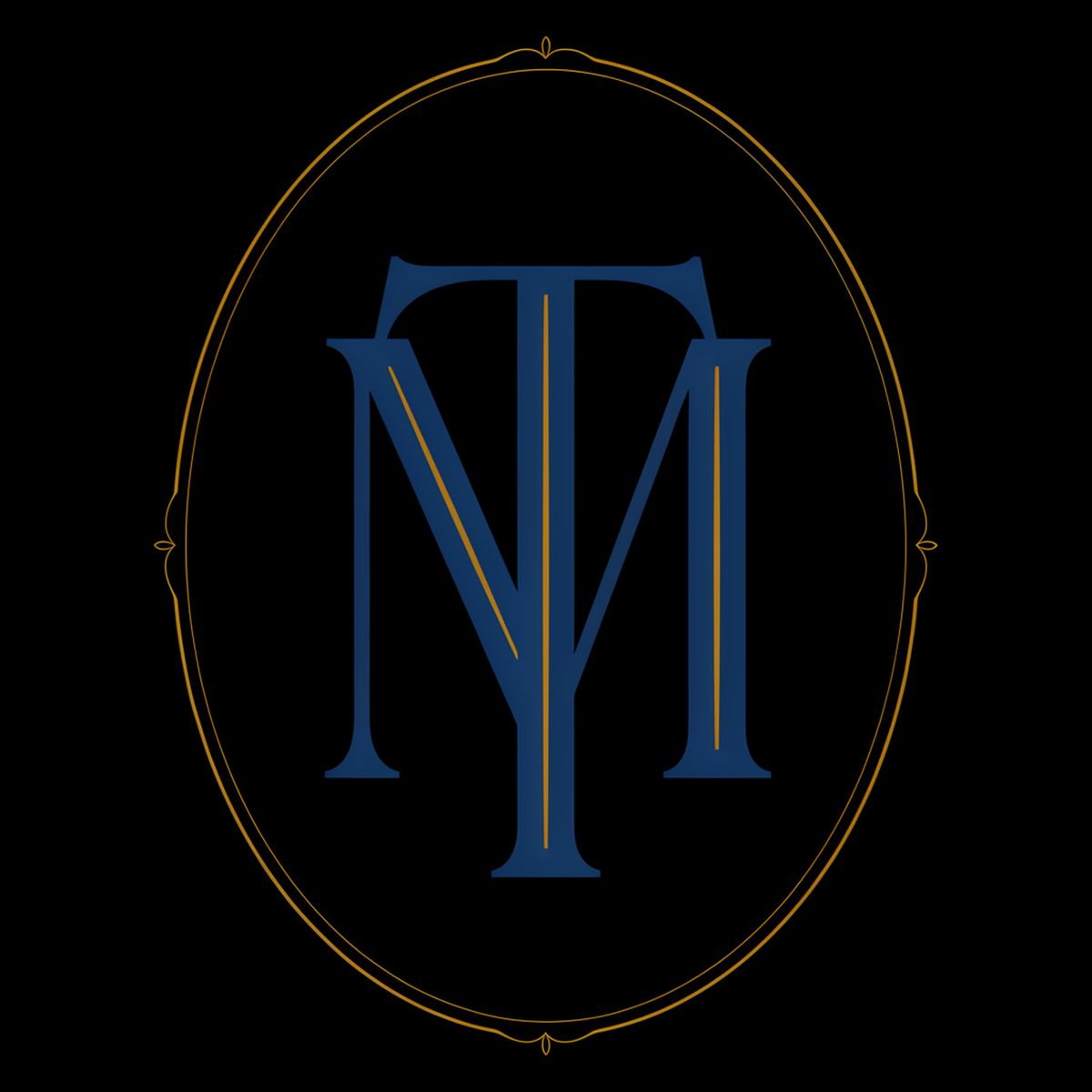 An elegant typographic monogram of interlocking serif letters M and T in deep navy blue with gold-leaf serif detail, surrounded by a thin gold-leaf decorative oval frame, on a transparent background