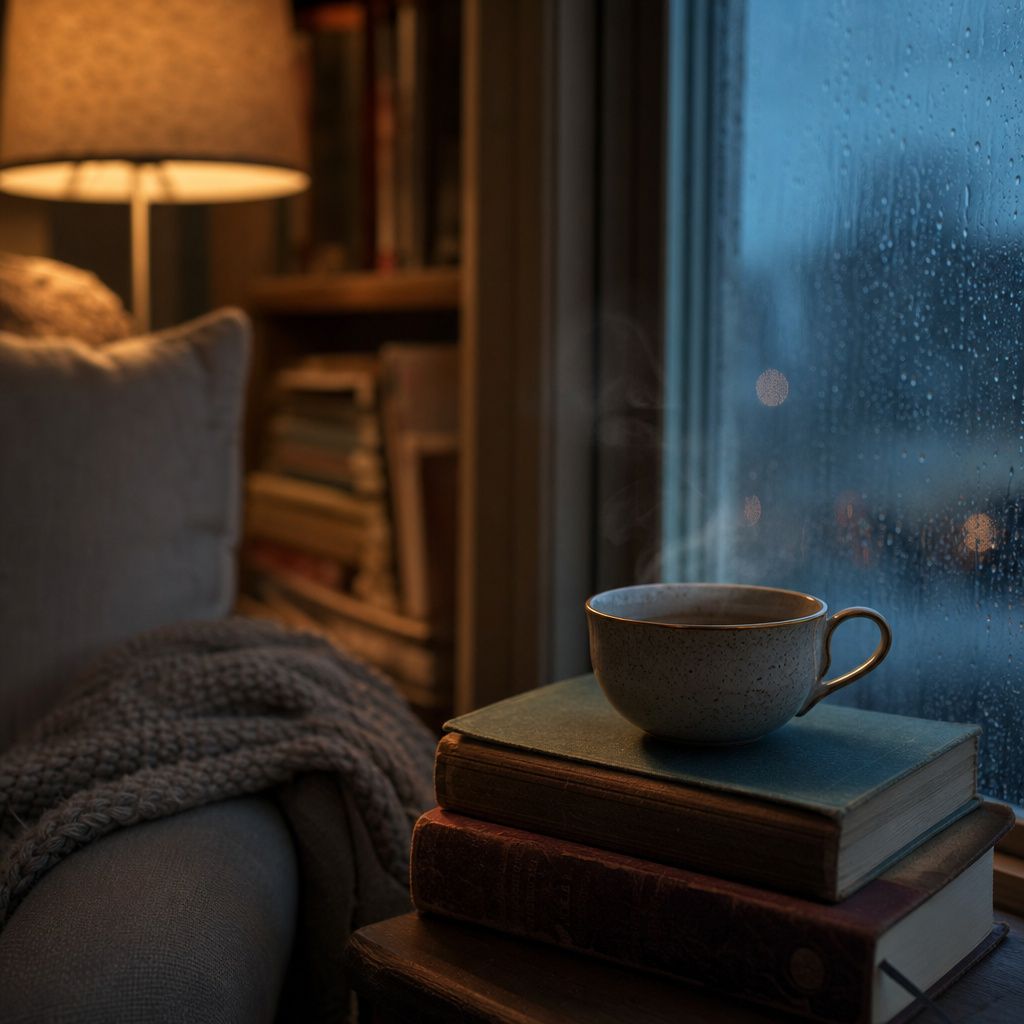 A cozy reading nook by a rain-streaked window at dusk with a steaming cup of tea on stacked books, warm lamp light and cool blue rain light