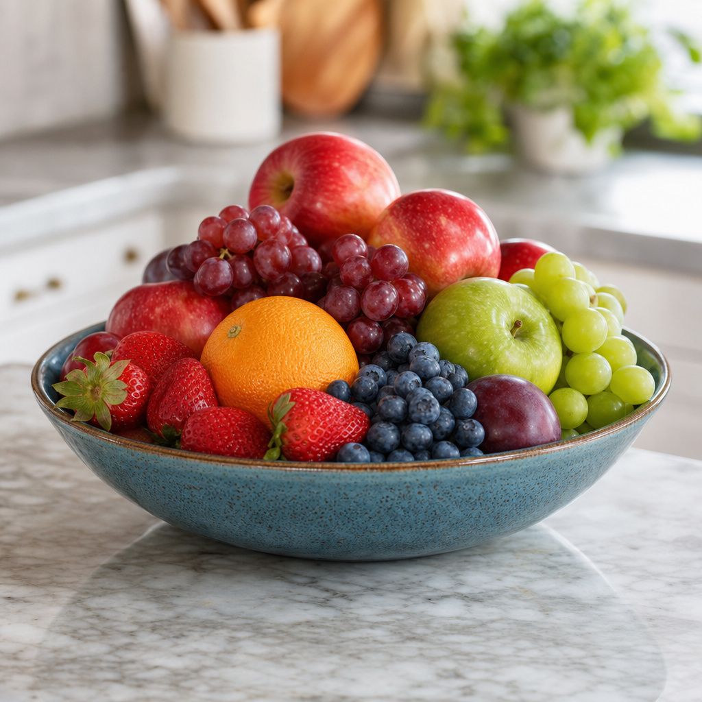 A ceramic fruit bowl filled with various colorful fruit on a marble countertop, with no bananas present