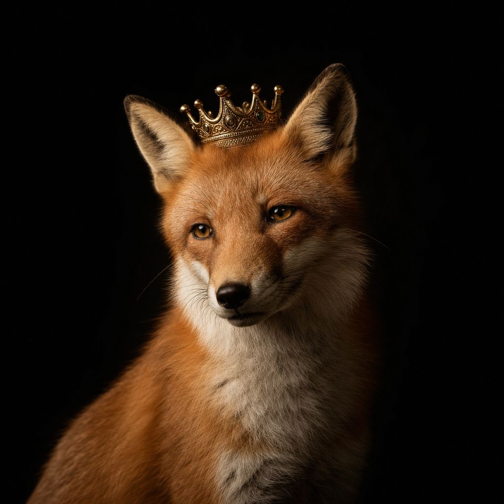 An animal wearing a tiny hat in a studio portrait with Rembrandt lighting on a black background