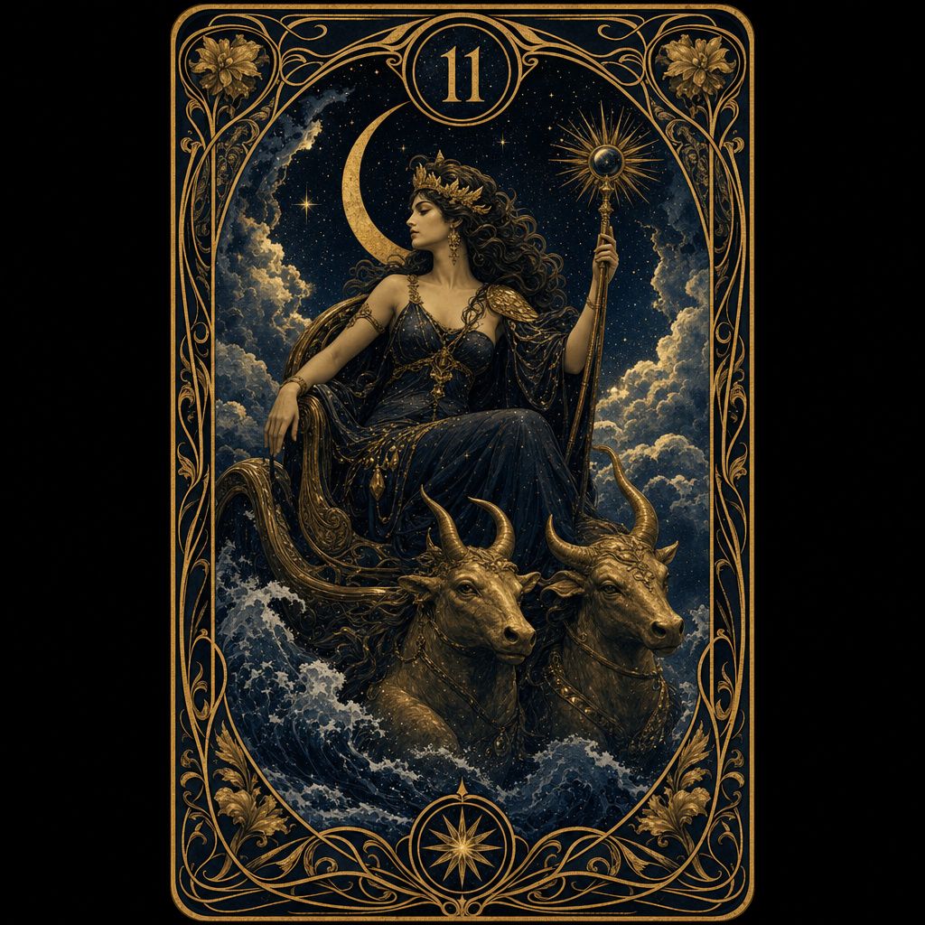 A tarot card numbered 11 with a mythological figure, gold and midnight palette, art nouveau border