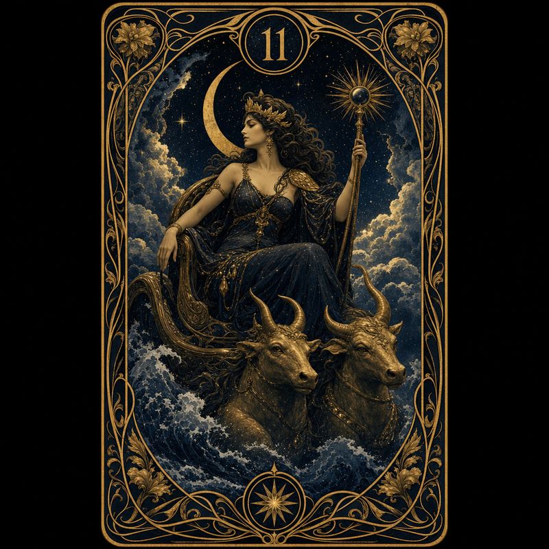 A tarot card numbered 11 with a mythological figure, gold and midnight palette, art nouveau border