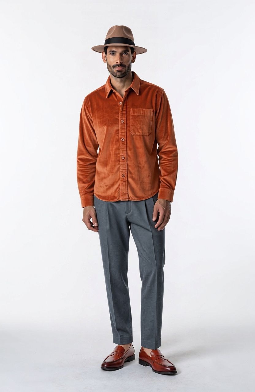 The man in a fedora, rust overshirt, grey trousers, and loafers