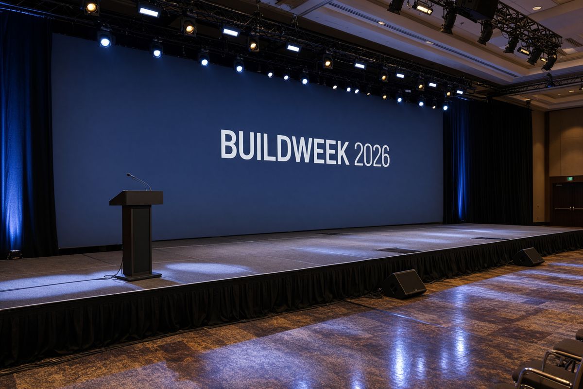A blue conference stage backdrop reading BUILDWEEK 2026 in white capitals, with a lectern at the left of the stage