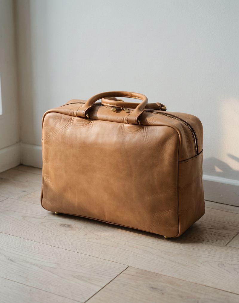 A tan leather weekender bag standing upright on a bleached oak floor beside a white wall
