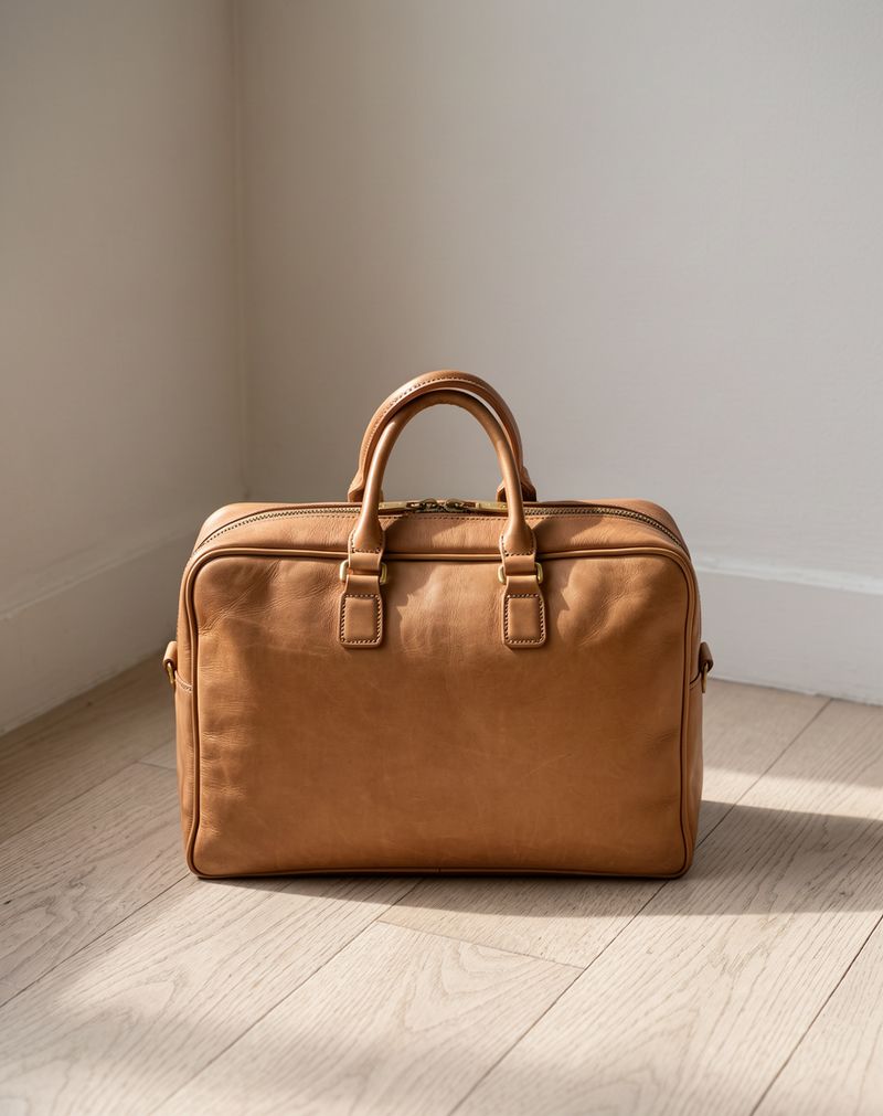 A tan leather weekender bag standing upright on a bleached oak floor, its brass zip catching the light
