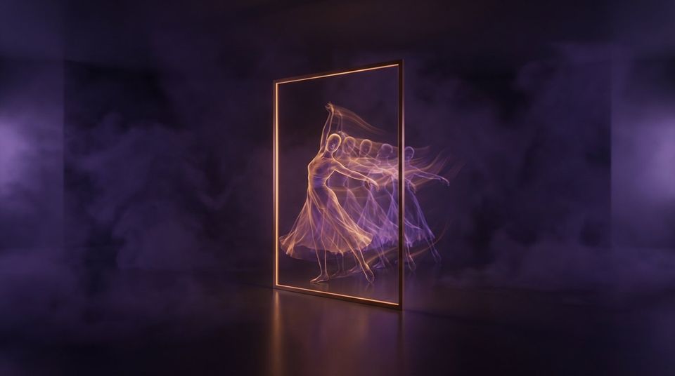 Floating luminous rectangular portal in a dark violet void chamber, subject inside with subtle motion trails in warm amber