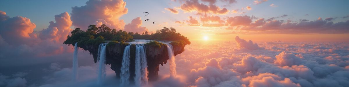 A floating island with waterfalls, colorful clouds, giant birds, and a vibrant sunset in ultra-wide cinematic framing